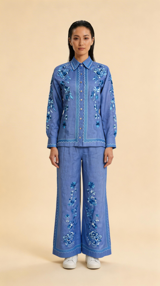 Azure Bloom Embroidered Linen Co-ord Set