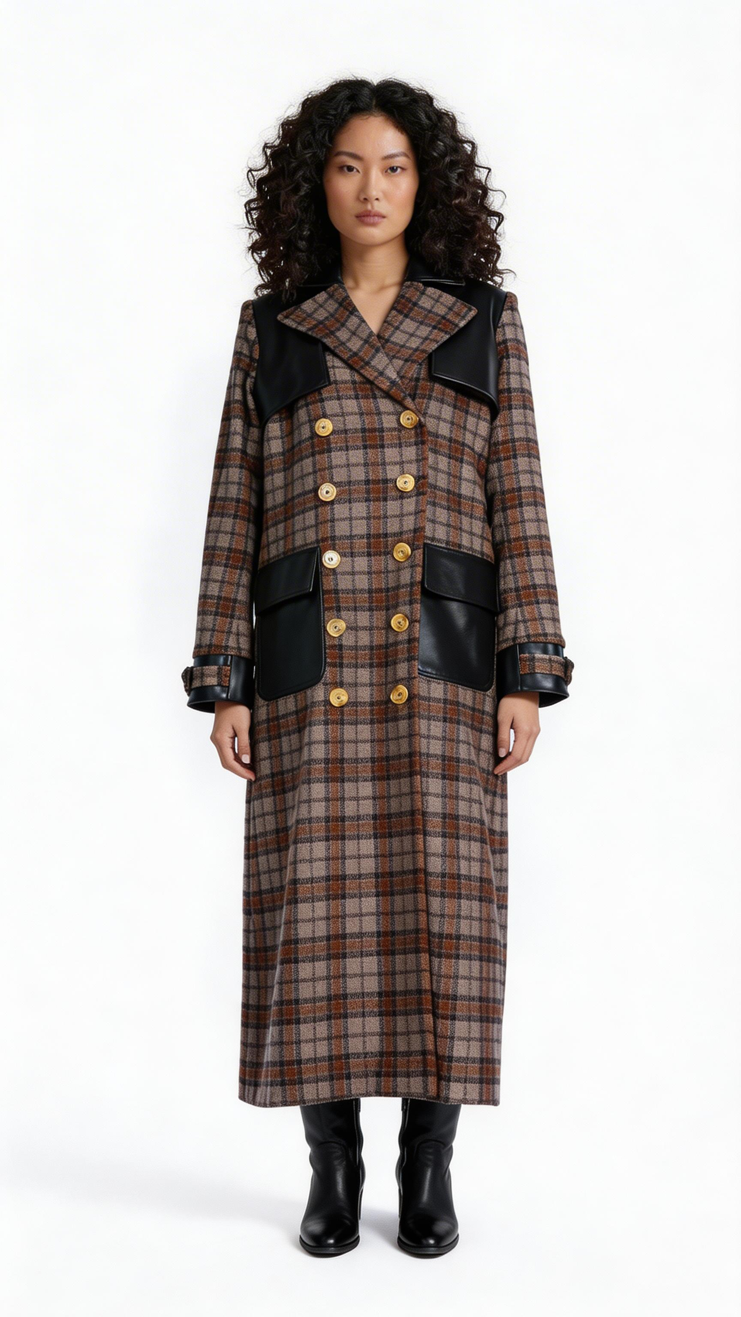 Plaid Double-Breasted Long Coat with Contrast Panels