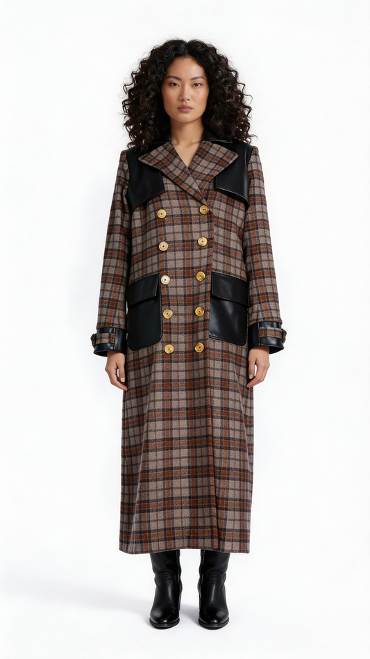 Plaid Double-Breasted Long Coat with Contrast Panels