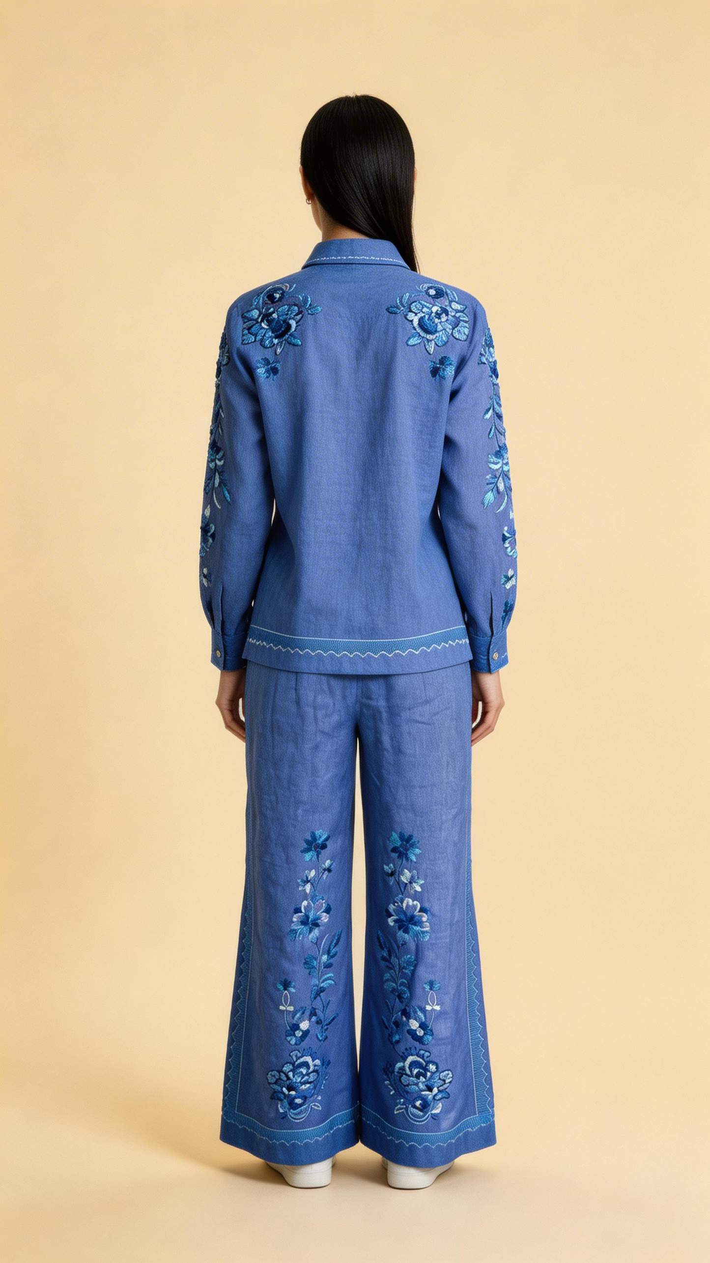 Azure Bloom Embroidered Linen Co-ord Set