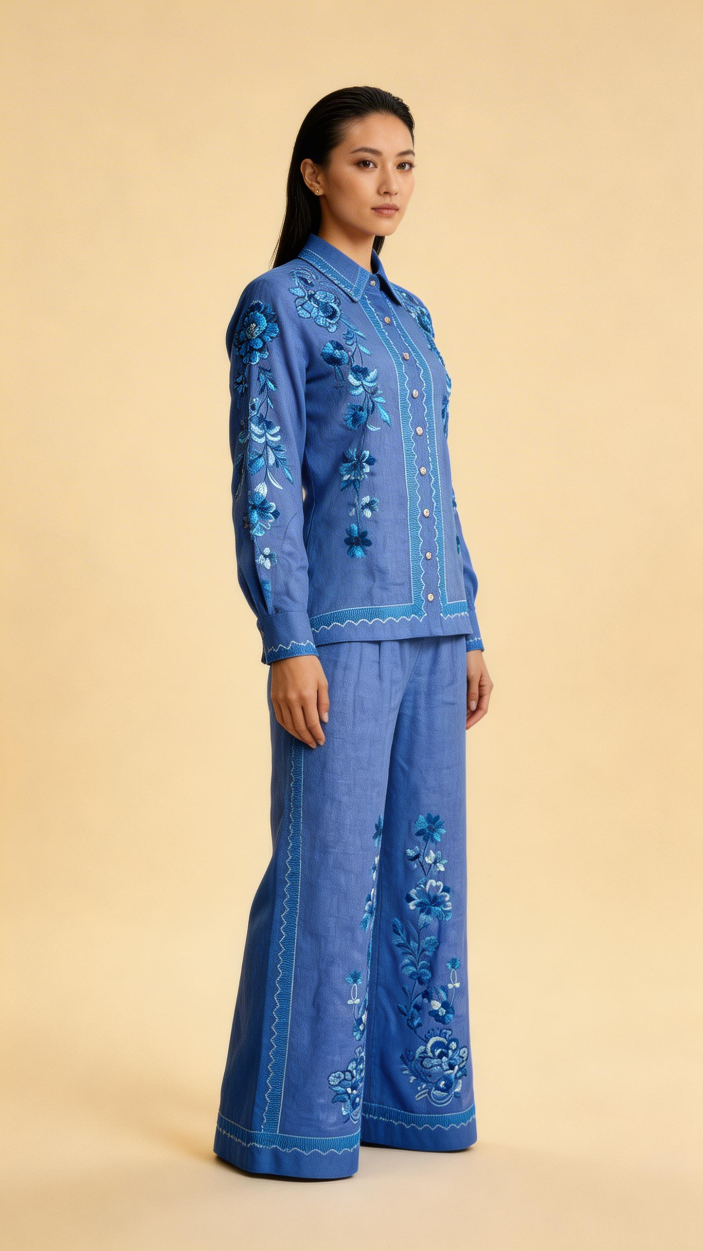 Azure Bloom Embroidered Linen Co-ord Set