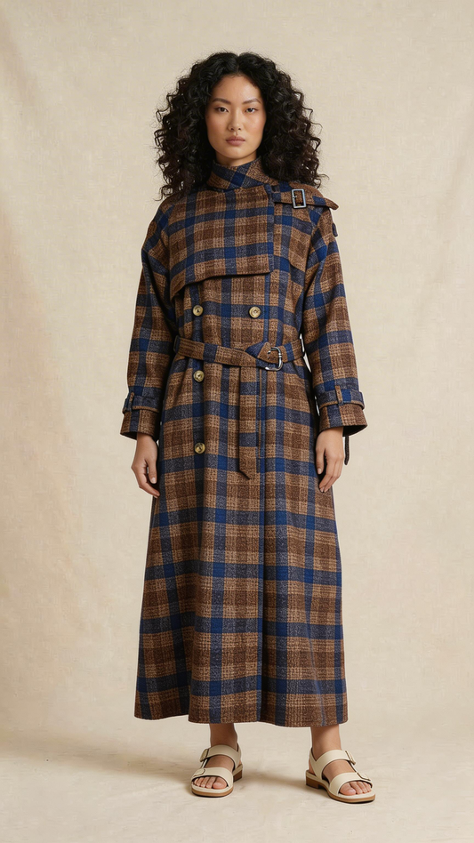 Brown & Blue Plaid Belted Long Coat