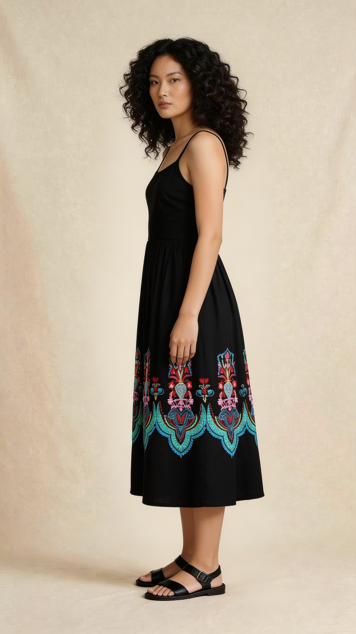 Midnight Floral Embroidered Midi Dress
