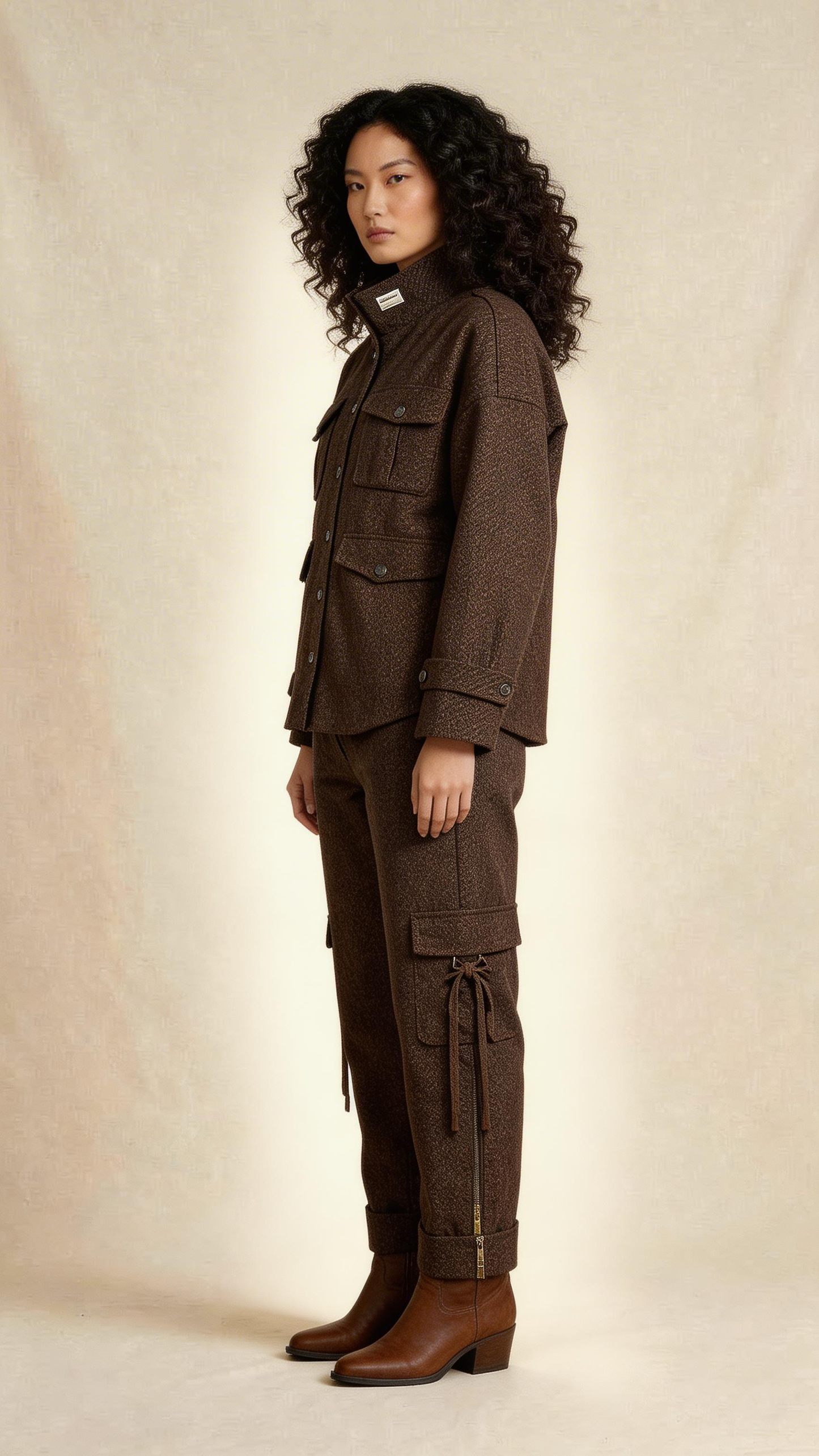 Textured Brown Utility Jacket & Cargo Trouser Set