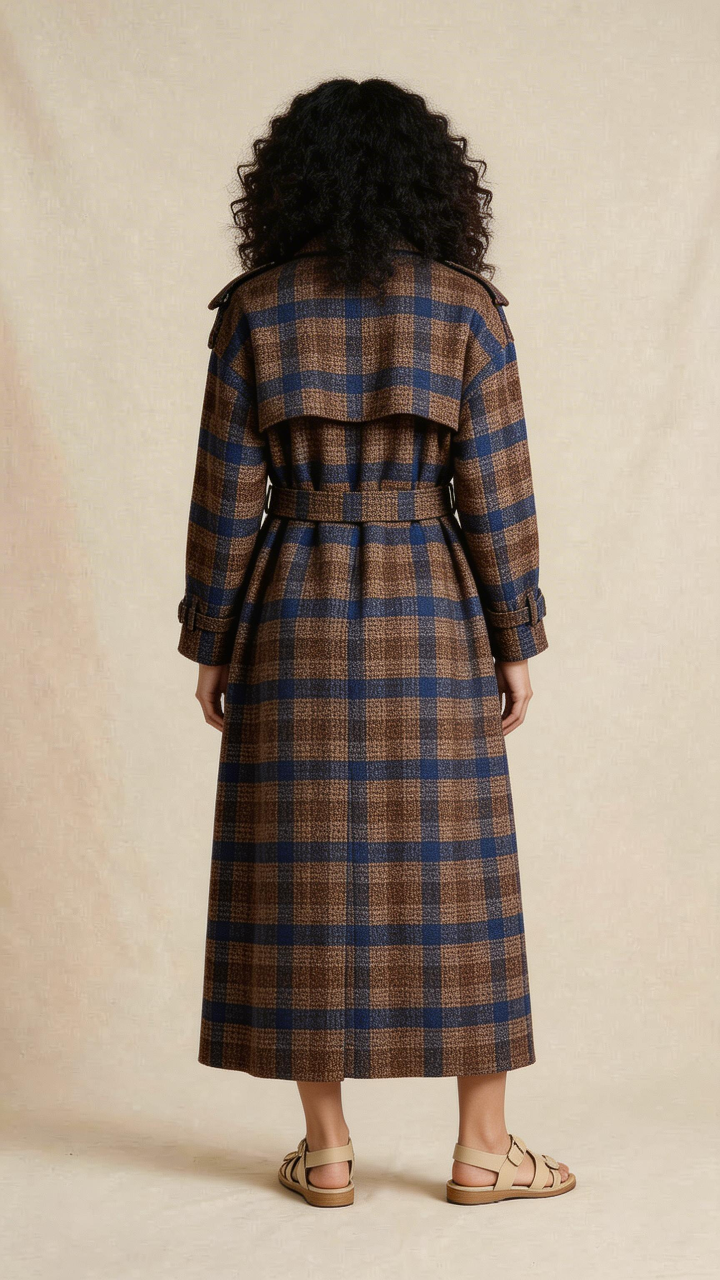 Brown & Blue Plaid Belted Long Coat