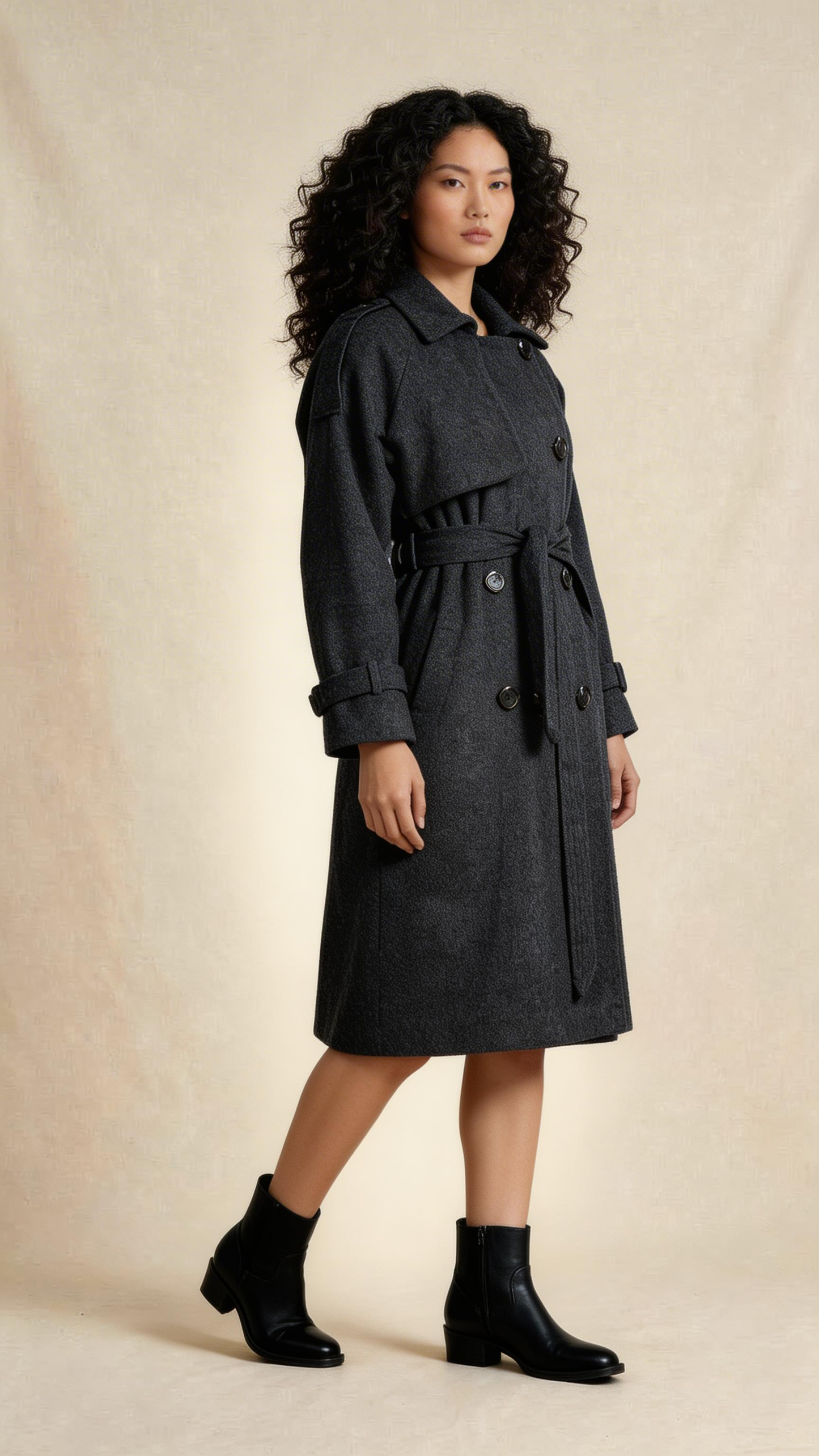 Charcoal Belted Trench-Style Coat