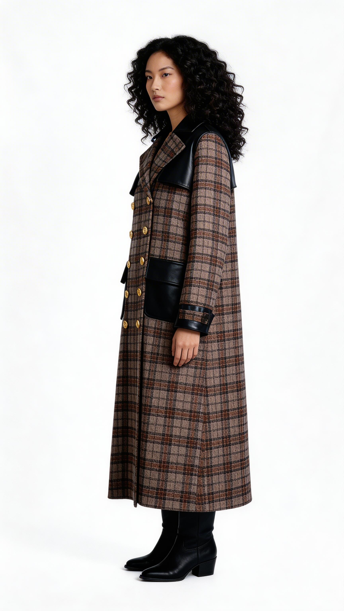 Plaid Double-Breasted Long Coat with Contrast Panels