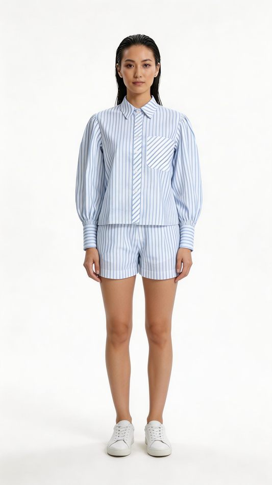 Blue & White Striped Shirt and Shorts Co-Ord Set