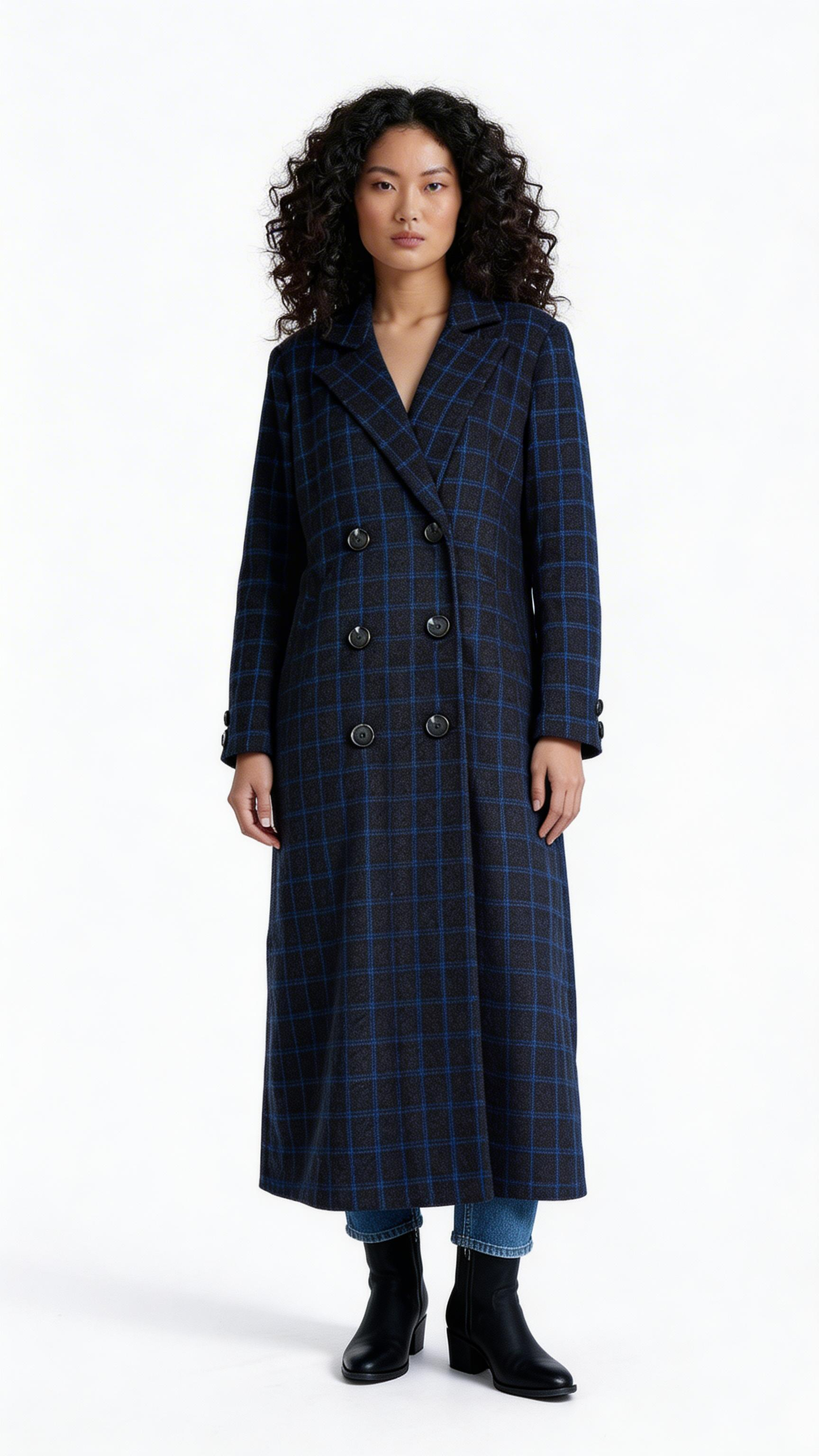 Navy Check Double-Breasted Long Coat