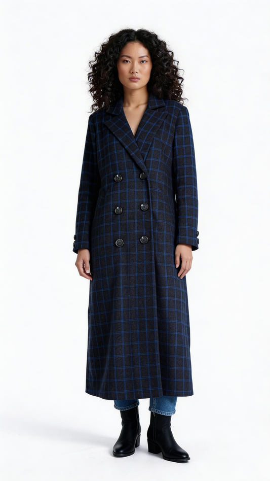 Navy Check Double-Breasted Long Coat