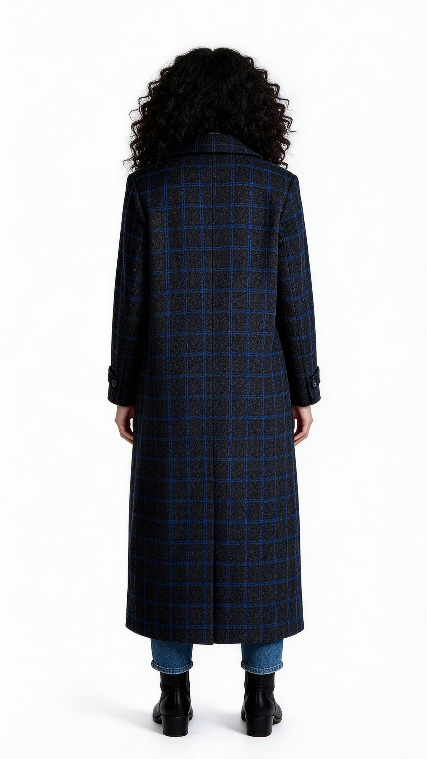 Navy Check Double-Breasted Long Coat
