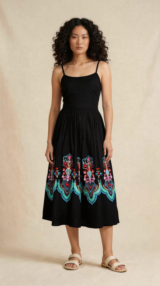 Midnight Floral Embroidered Midi Dress