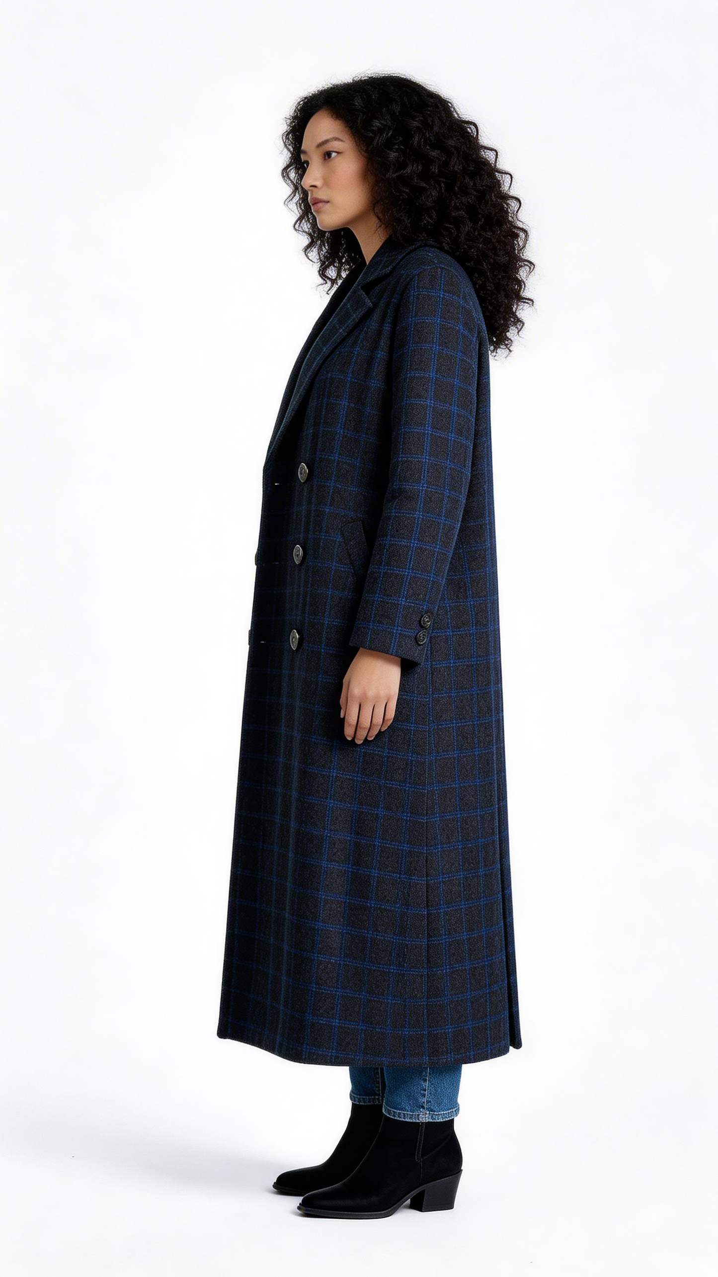 Navy Check Double-Breasted Long Coat