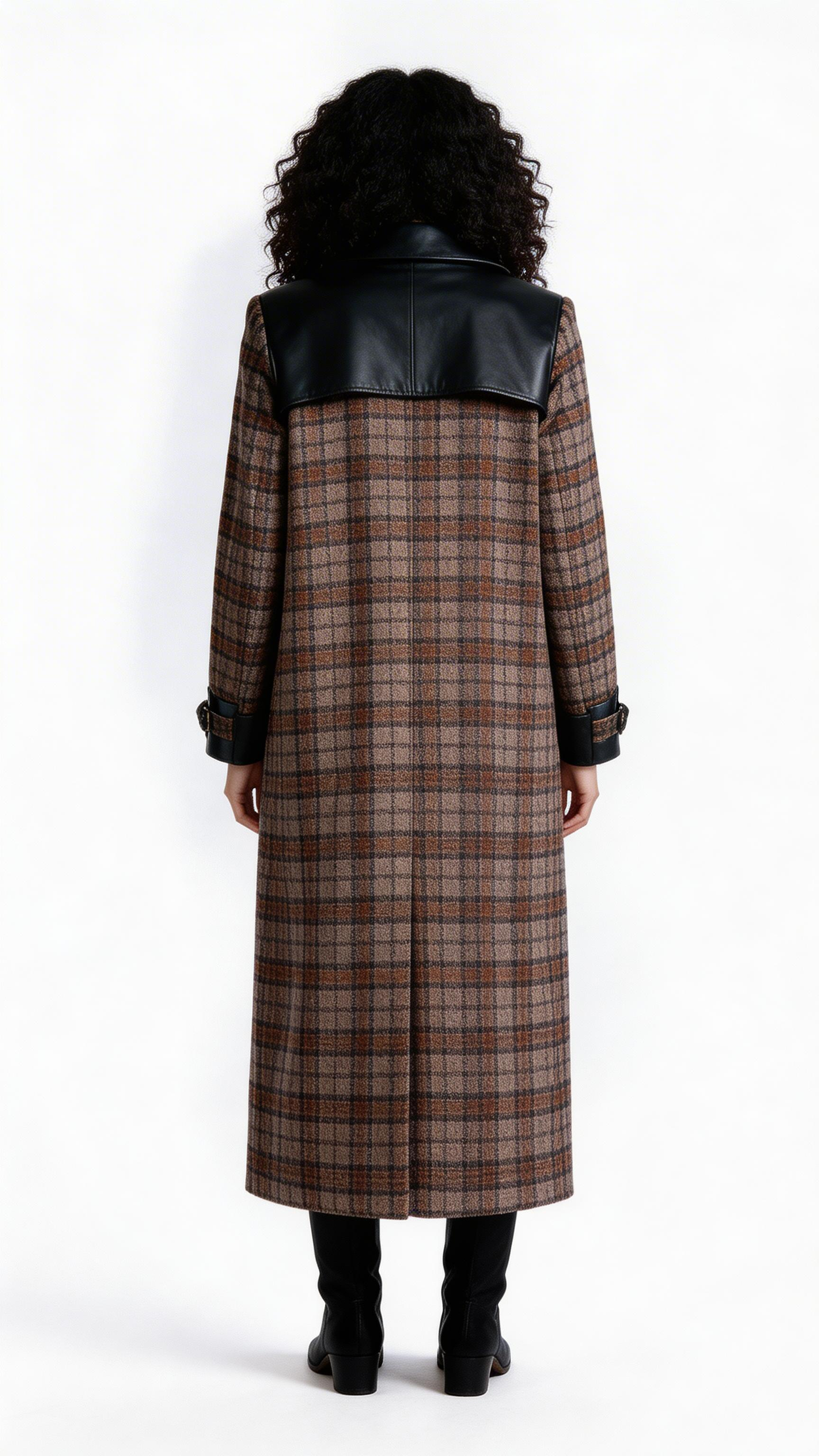 Plaid Double-Breasted Long Coat with Contrast Panels