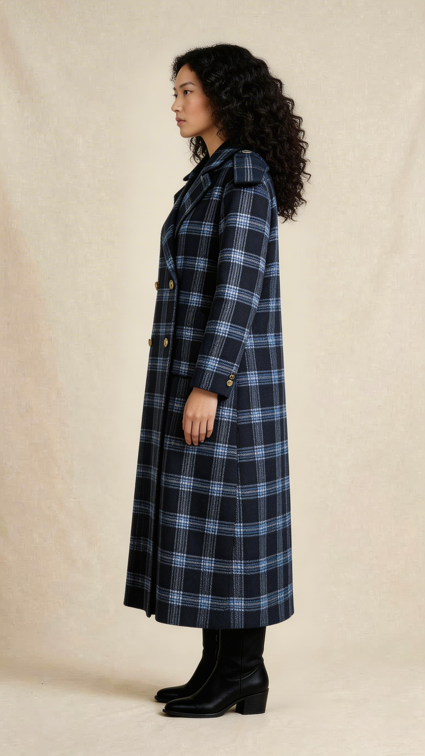 Black Plaid Double-Breasted Midi Coat