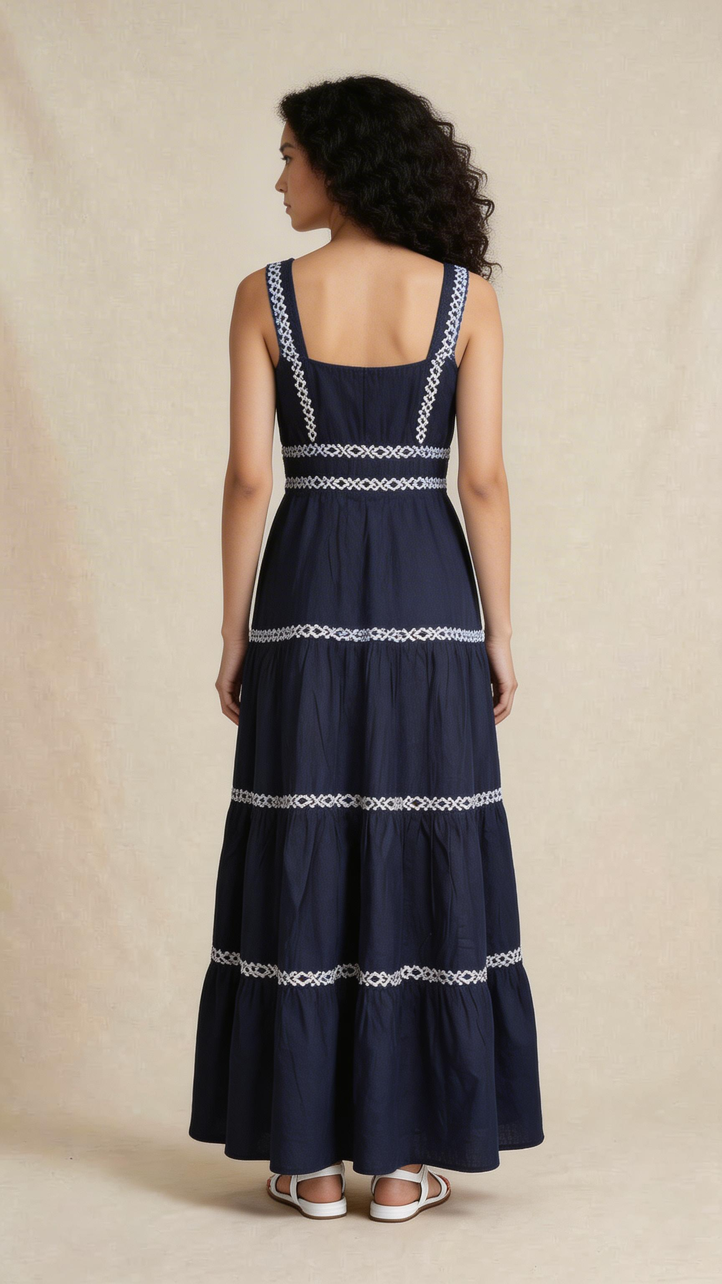 Navy Blue Embroidered Tiered Maxi Dress