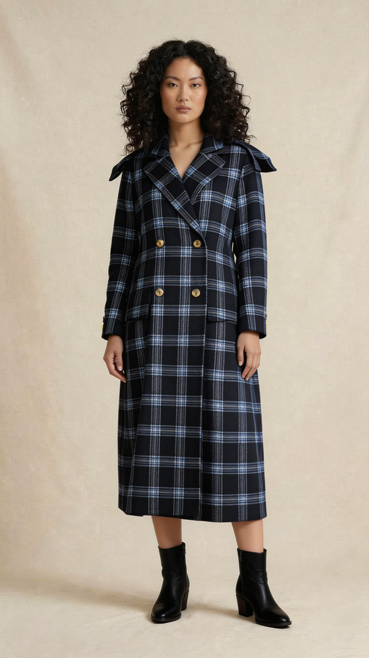 Black Plaid Double-Breasted Midi Coat