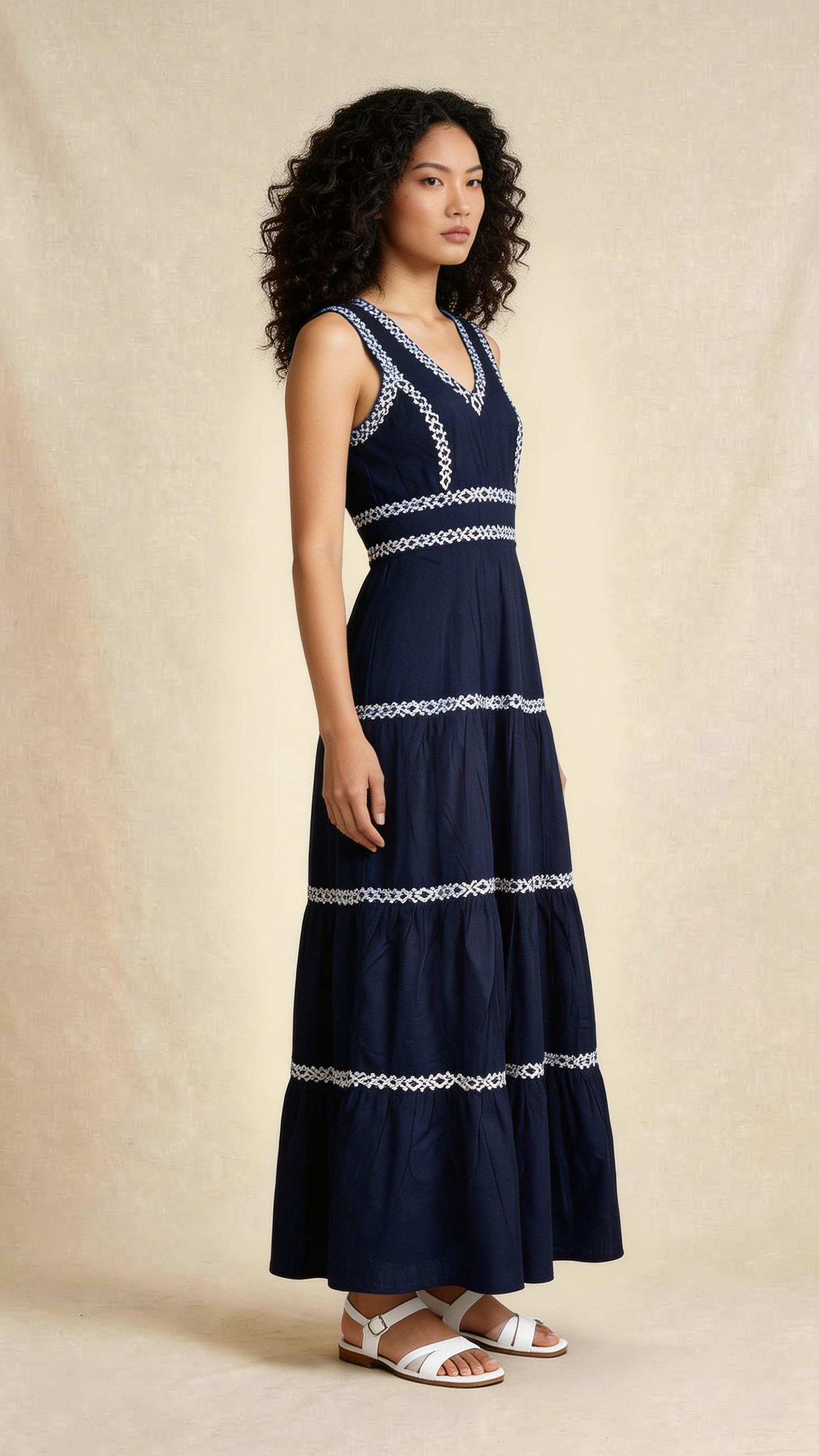 Navy Blue Embroidered Tiered Maxi Dress