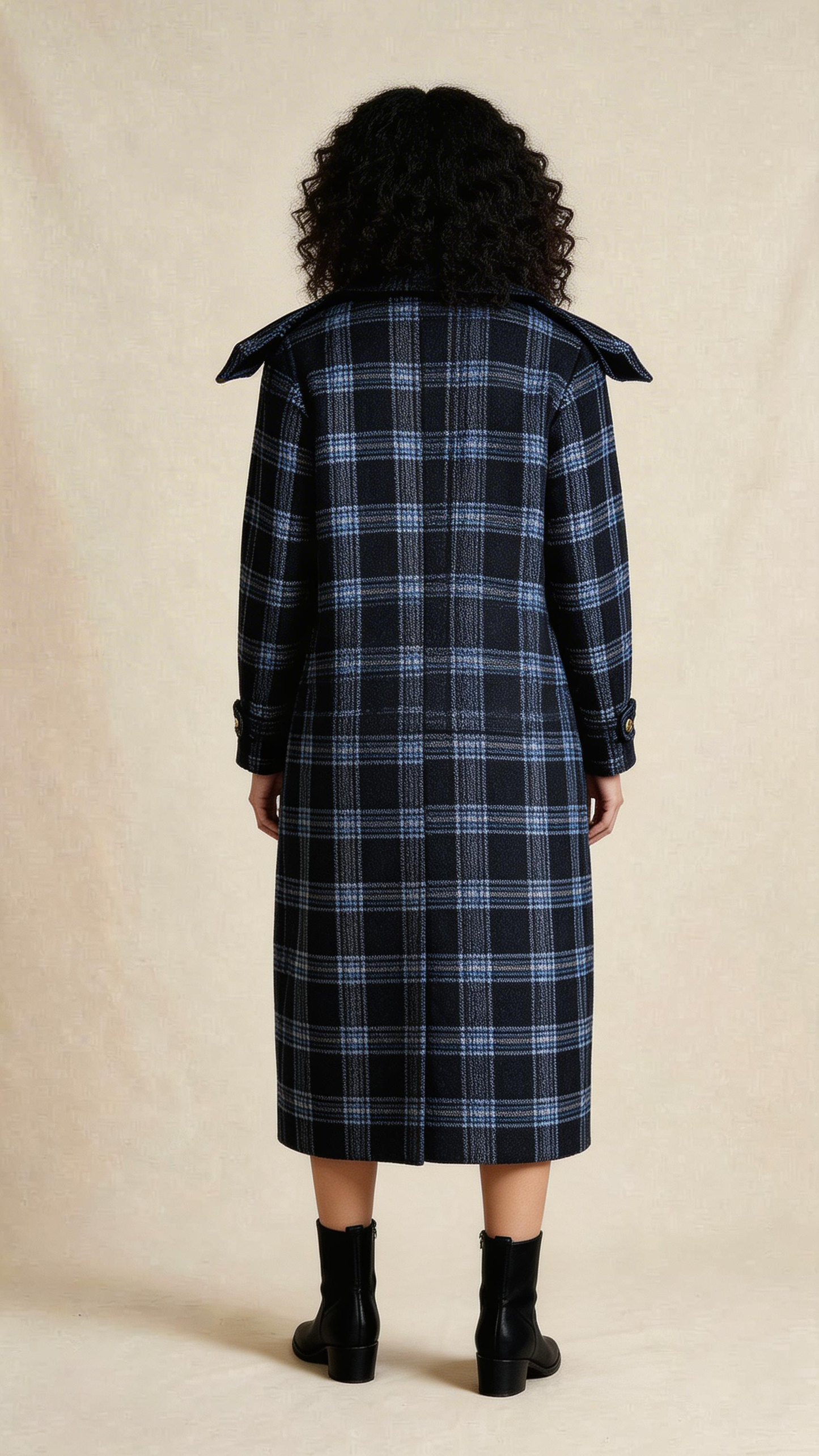 Black Plaid Double-Breasted Midi Coat