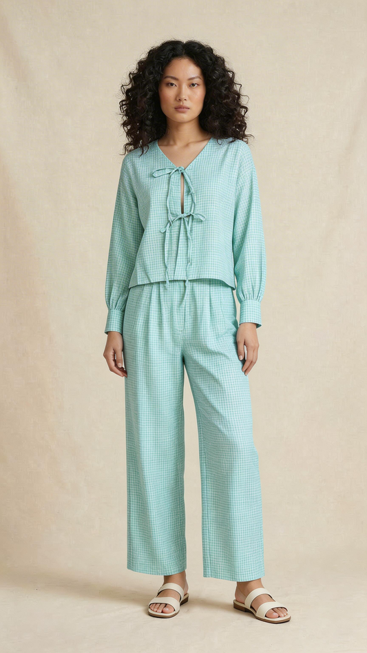 Mint Green Gingham Pure Linen Co-Ord Set