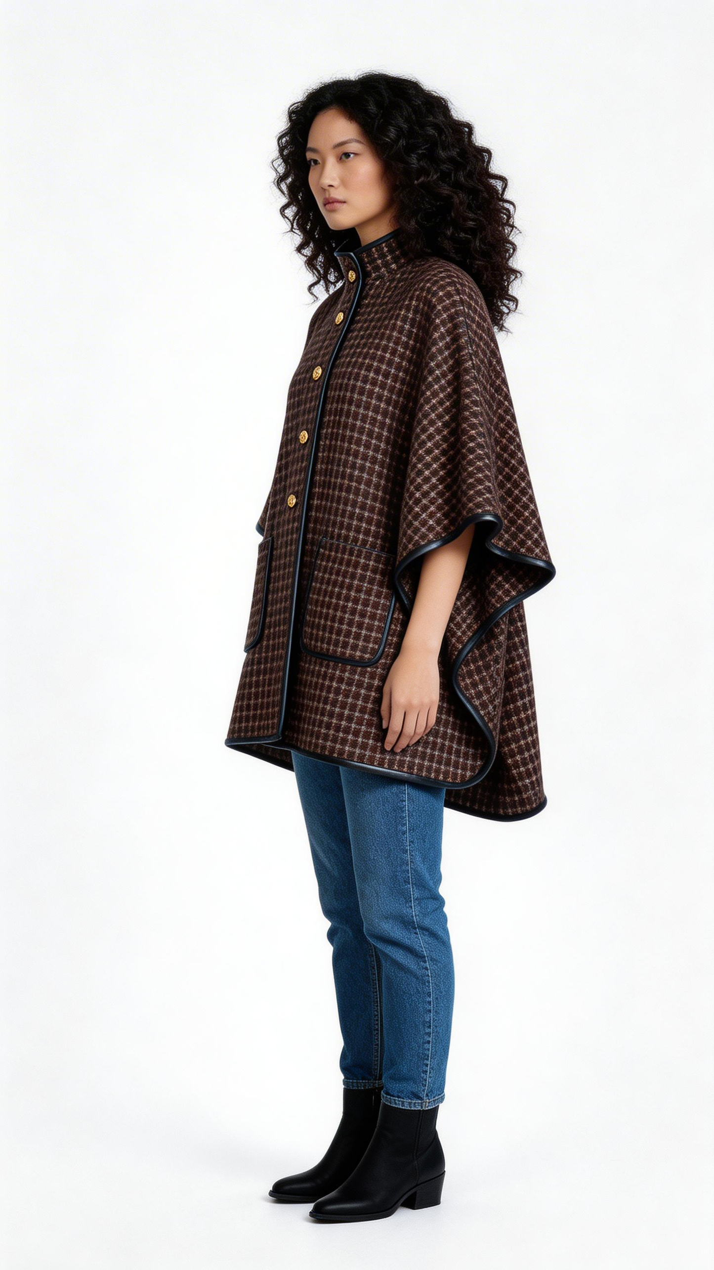 Brown Checked Cape-Style Coat