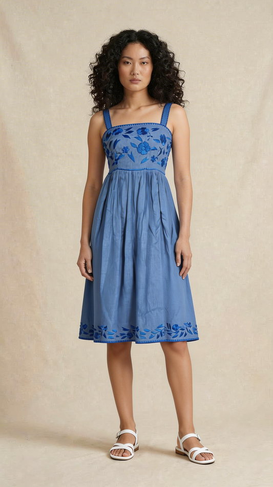 Indigo Bloom Strappy Midi Dress