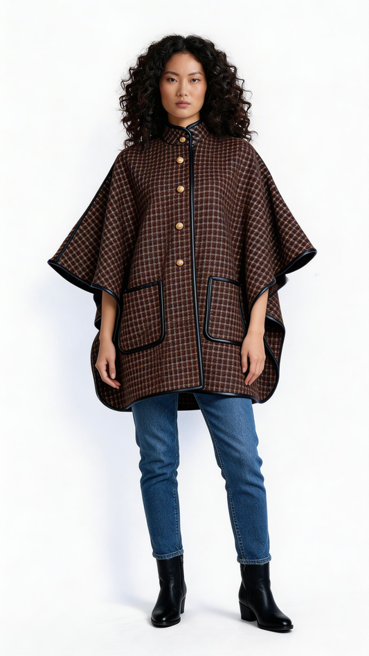 Brown Checked Cape-Style Coat
