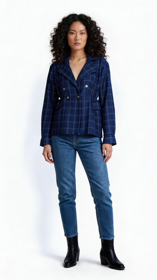 Navy Check Double-Breasted Blazer