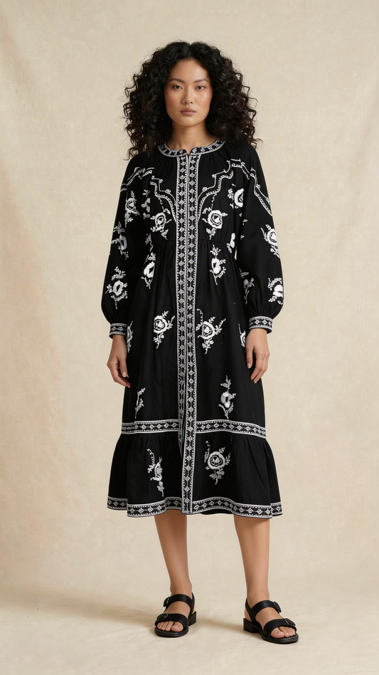 Black Floral Embroidered Boho Midi Dress