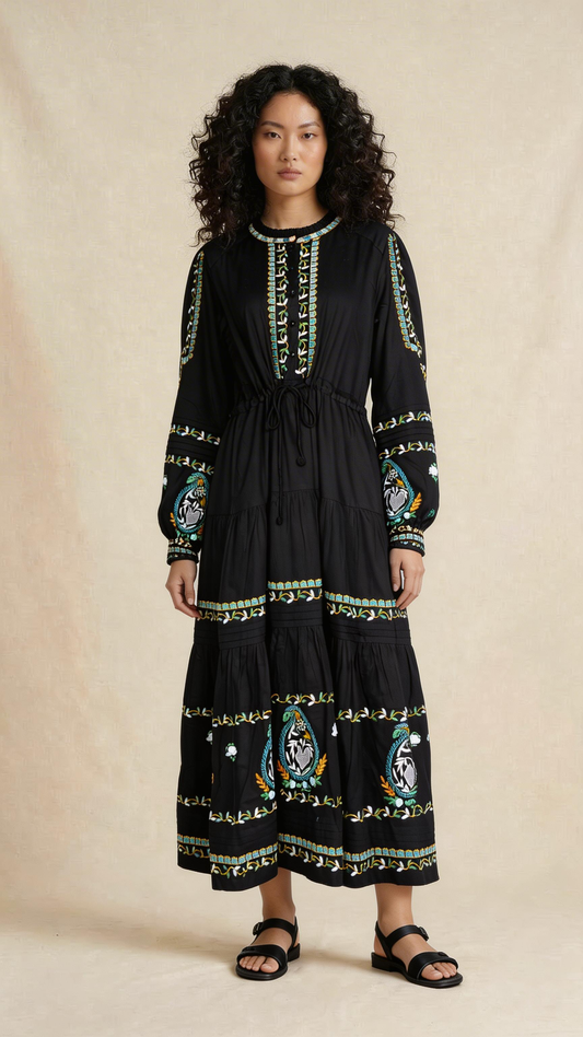 Embroidered Bohemian Tiered Midi Dress in Black