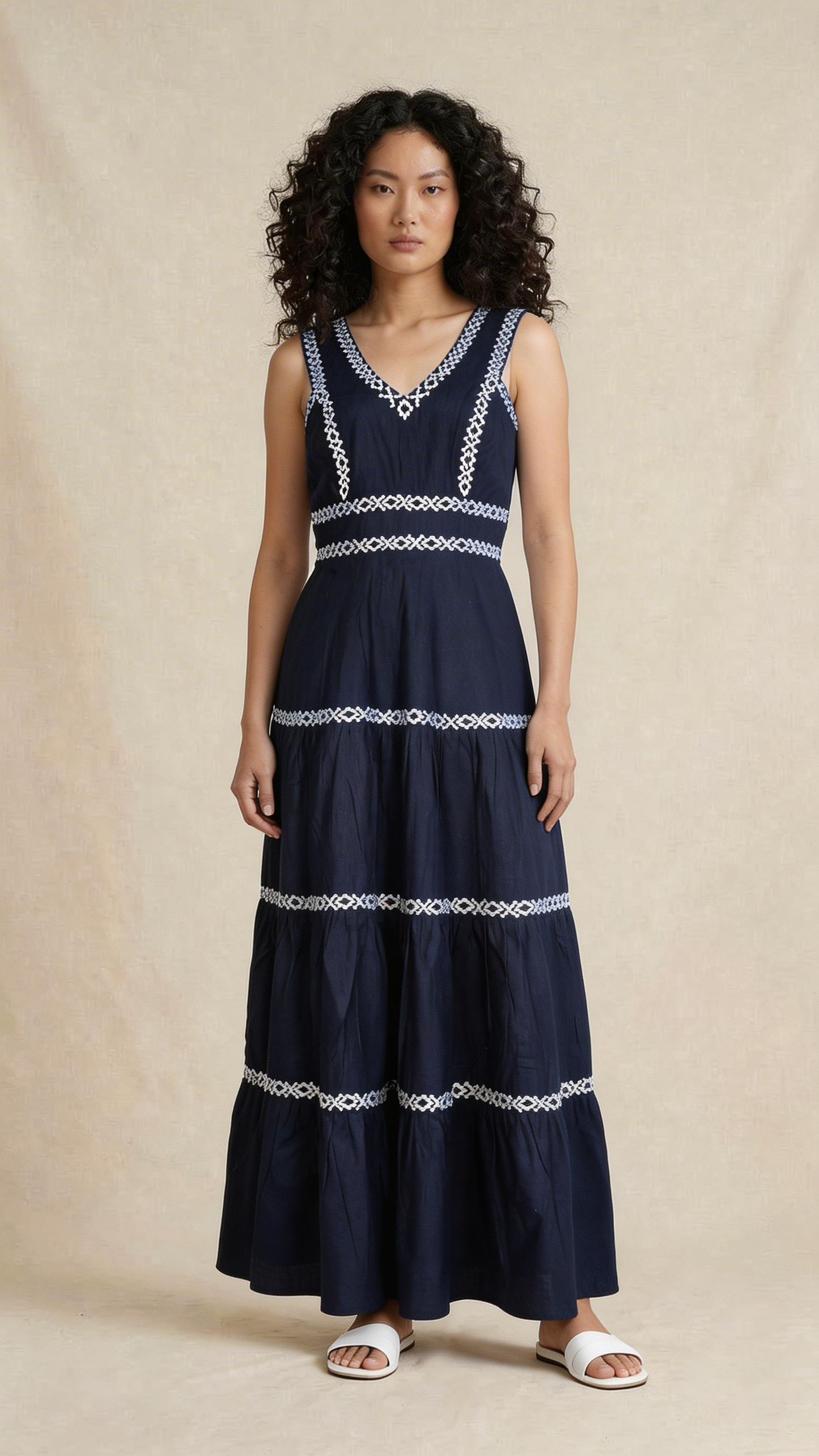 Navy Blue Embroidered Tiered Maxi Dress