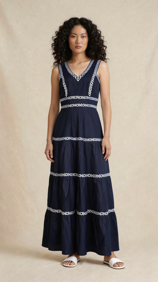 Navy Blue Embroidered Tiered Maxi Dress