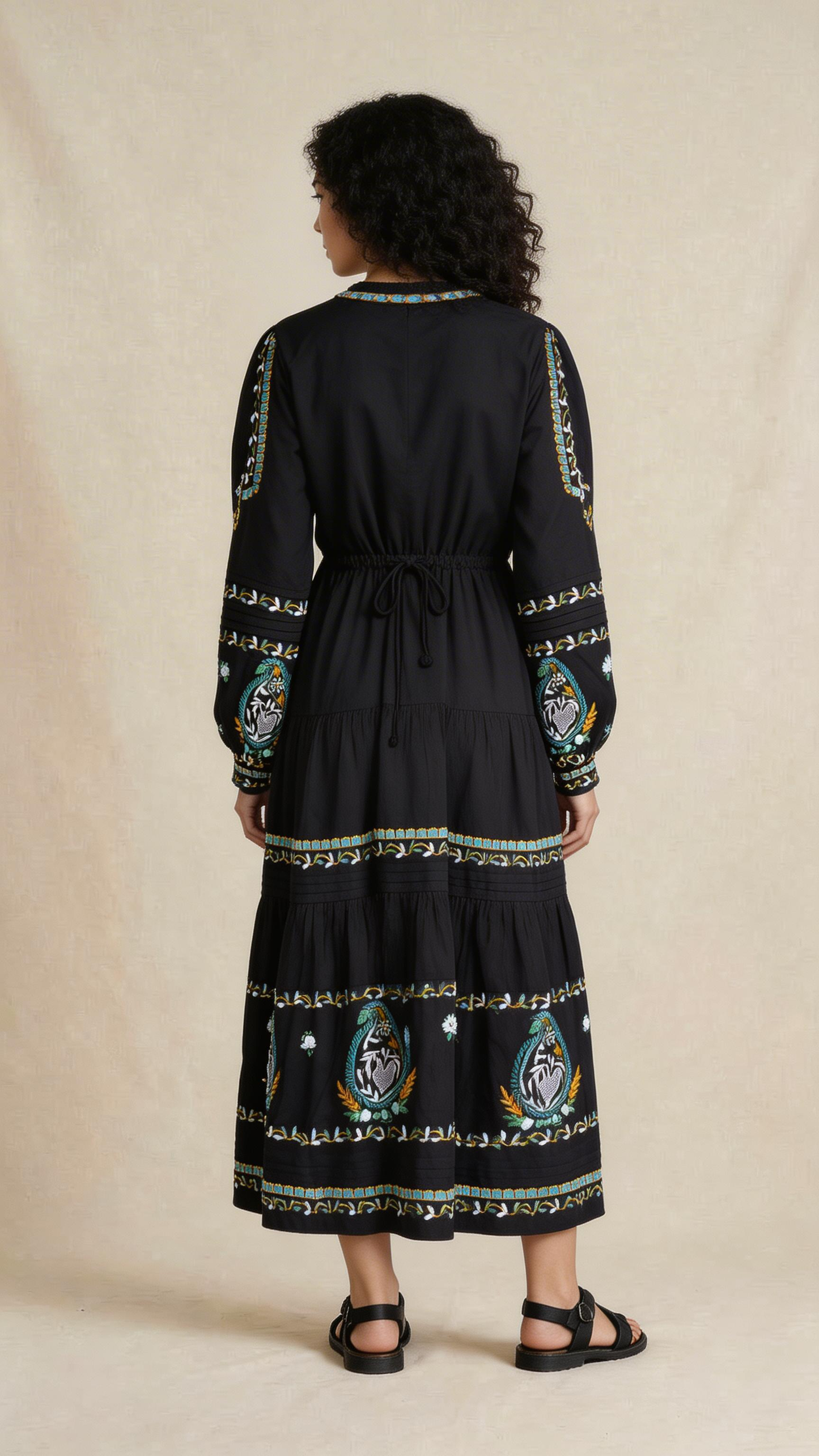 Embroidered Bohemian Tiered Midi Dress in Black