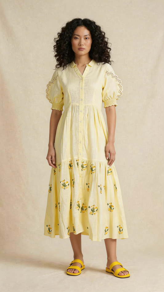 Soft Yellow Embroidered Midi Dress