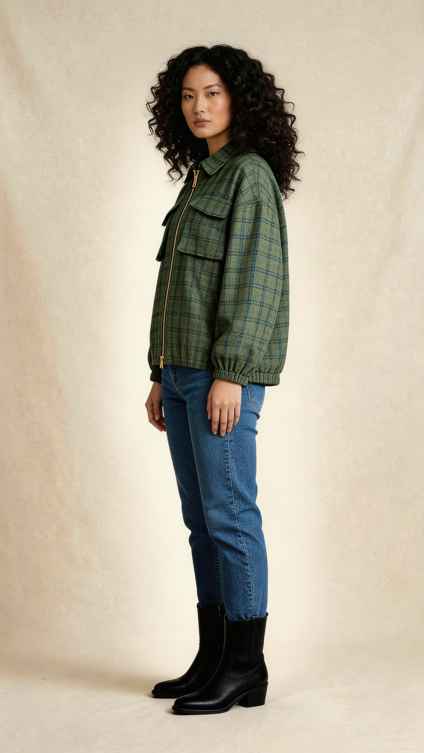 Green Plaid Zip-Up Utility Jacket