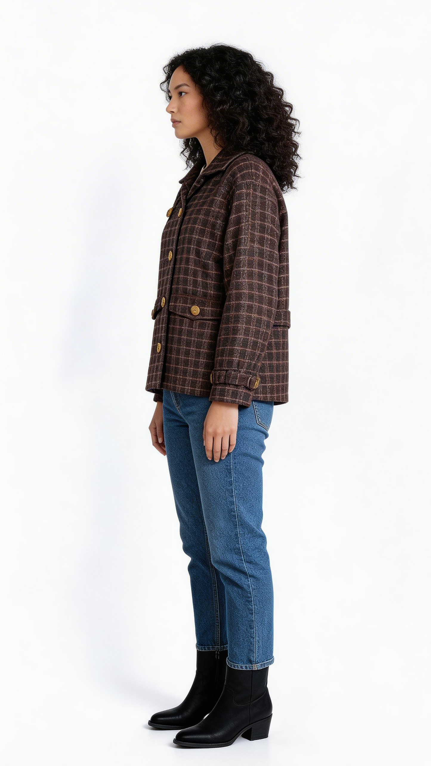 Brown Check Buttoned Jacket