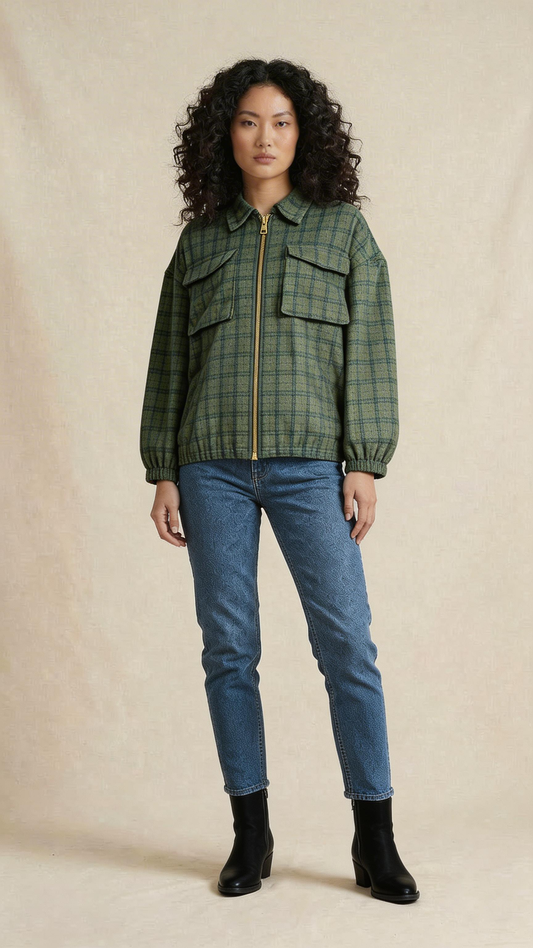 Green Plaid Zip-Up Utility Jacket