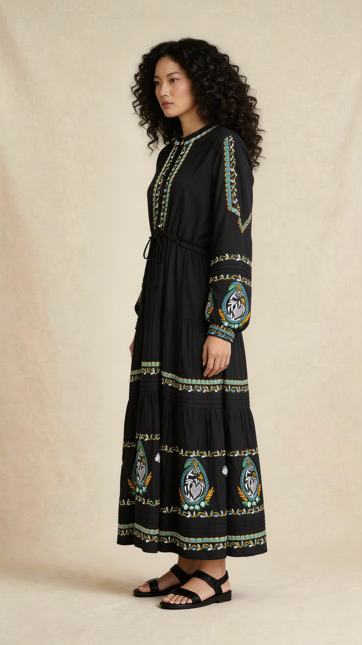 Embroidered Bohemian Tiered Midi Dress in Black