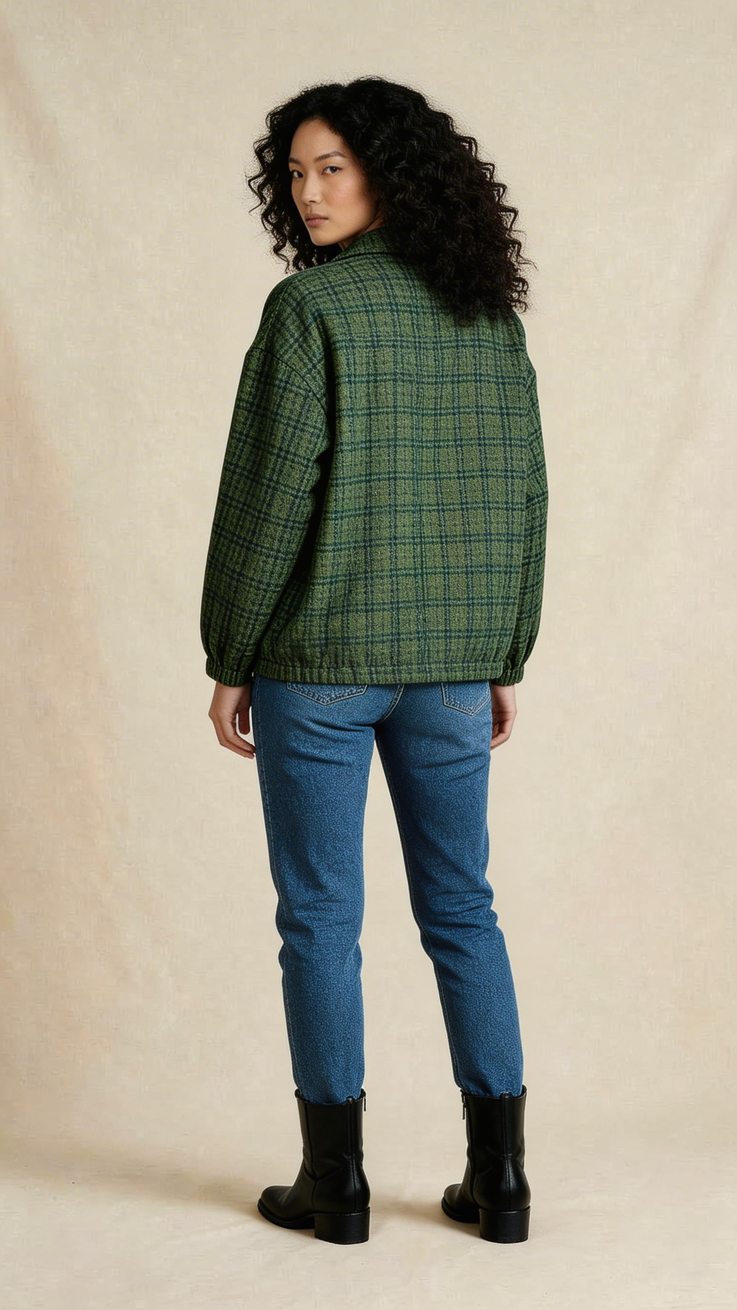 Green Plaid Zip-Up Utility Jacket