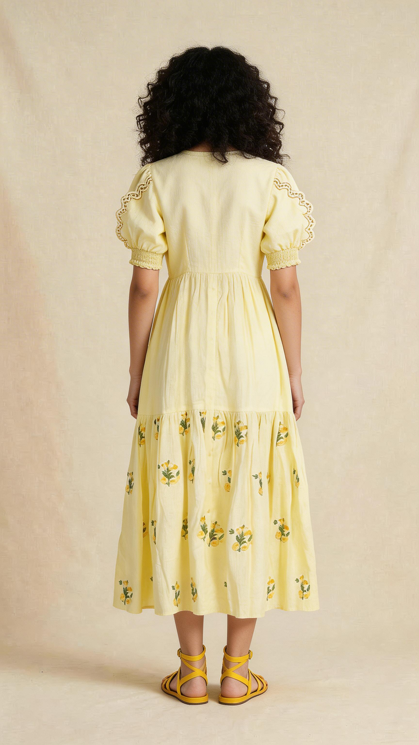 Soft Yellow Embroidered Midi Dress