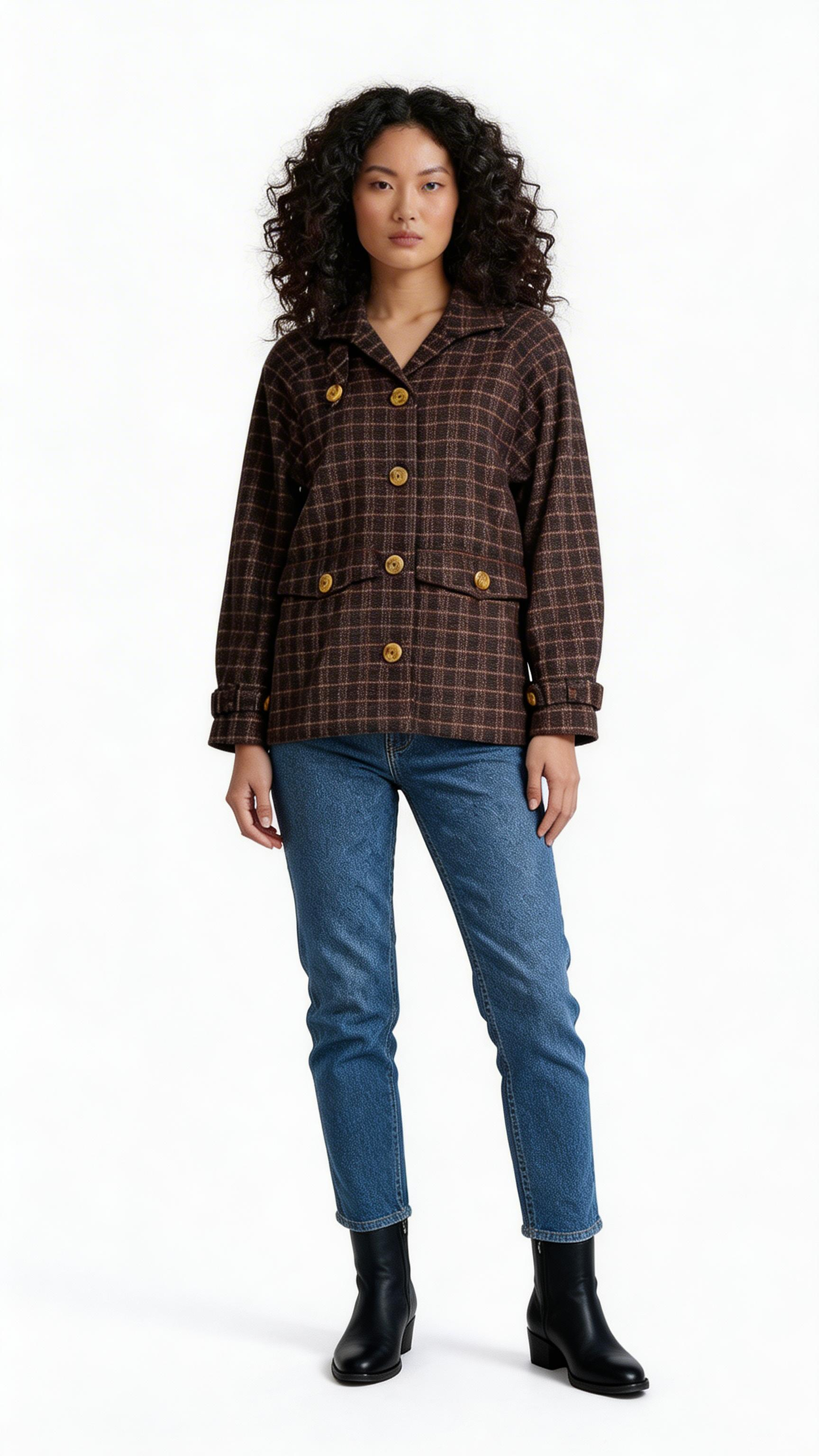 Brown Check Buttoned Jacket