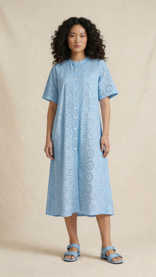 Sky Blue Schiffli Midi Dress