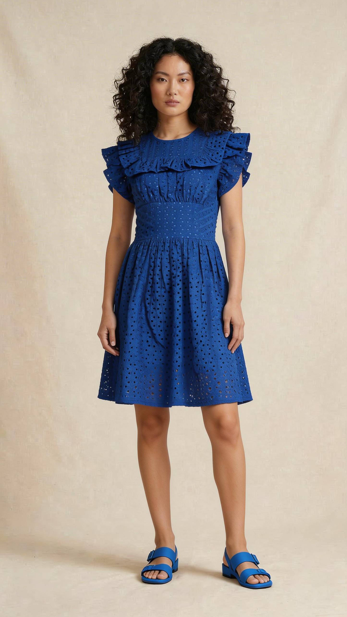 Royal Blue Schiffli Ruffle Detail Dress