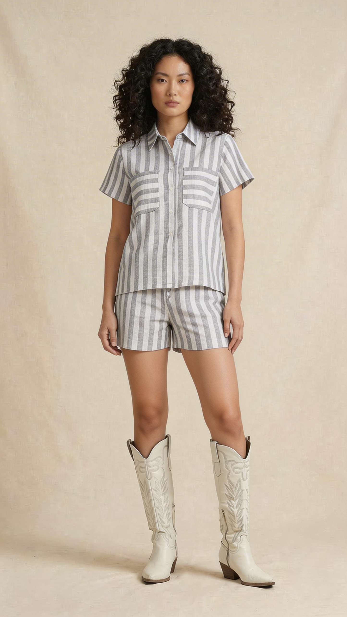 Grey Striped Shirt & Shorts Linen Co-Ord Set