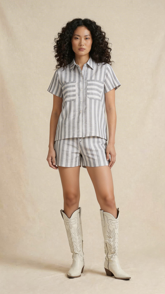 Grey Striped Shirt & Shorts Linen Co-Ord Set
