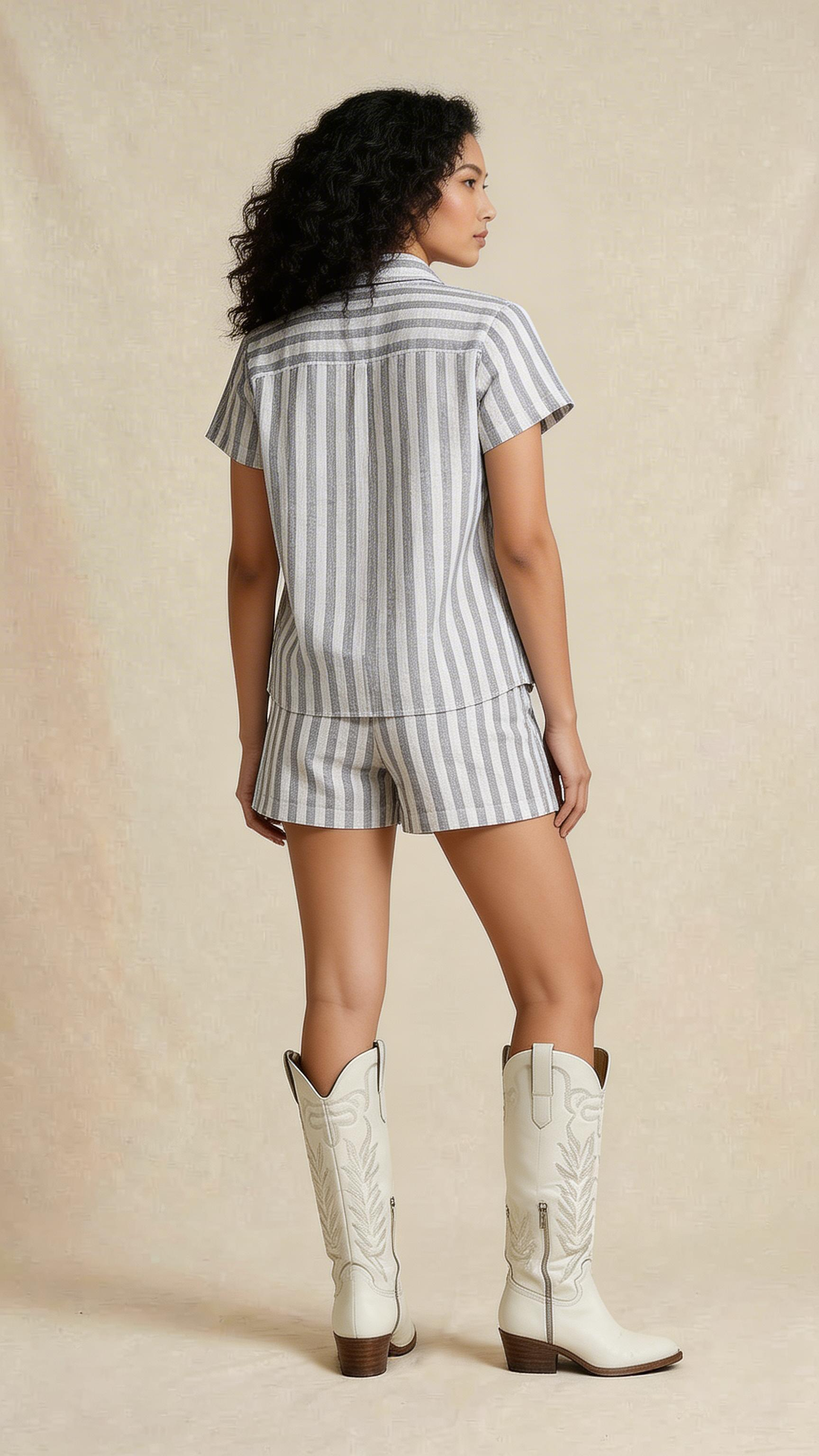 Grey Striped Shirt & Shorts Linen Co-Ord Set
