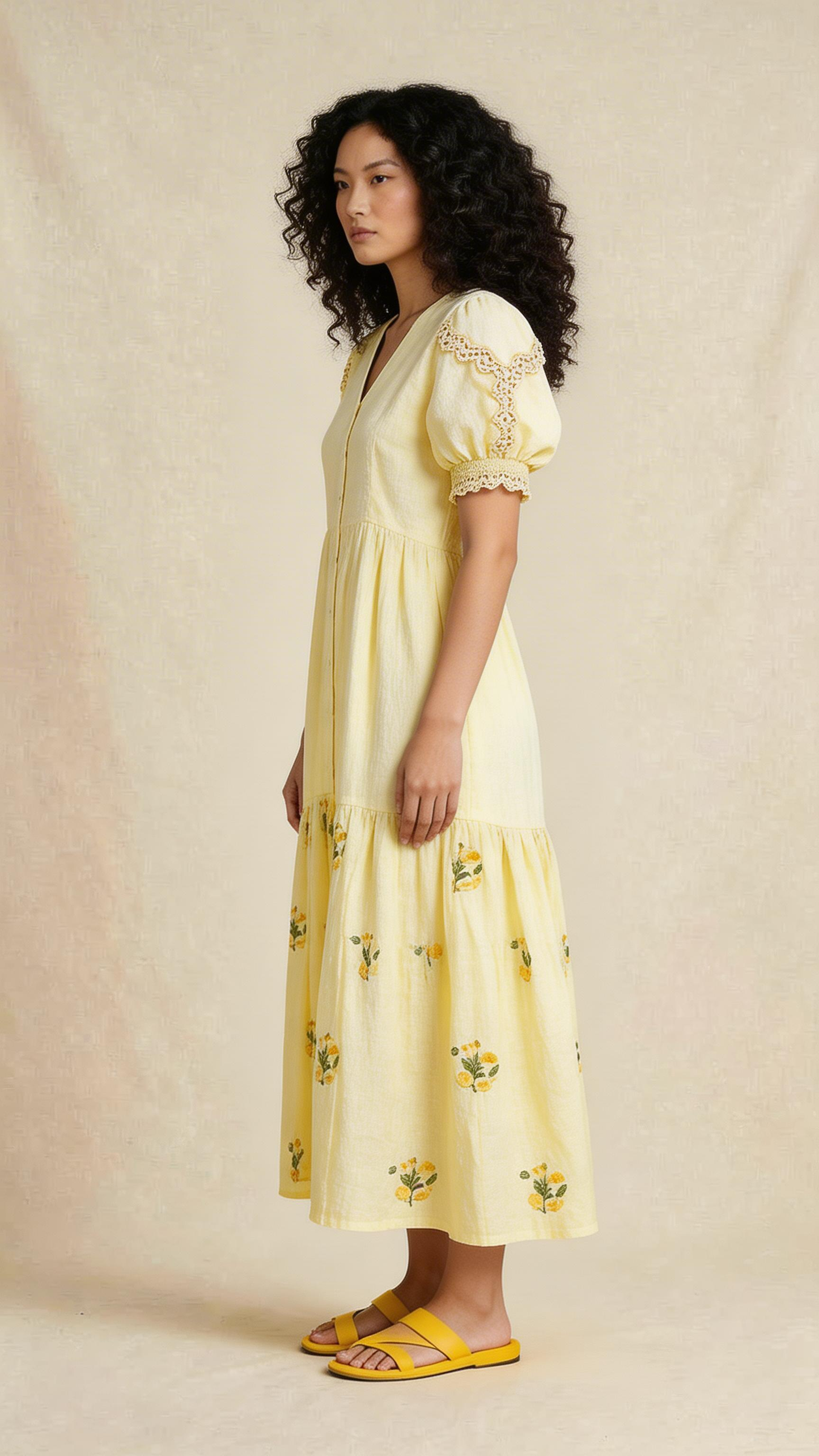 Soft Yellow Embroidered Midi Dress
