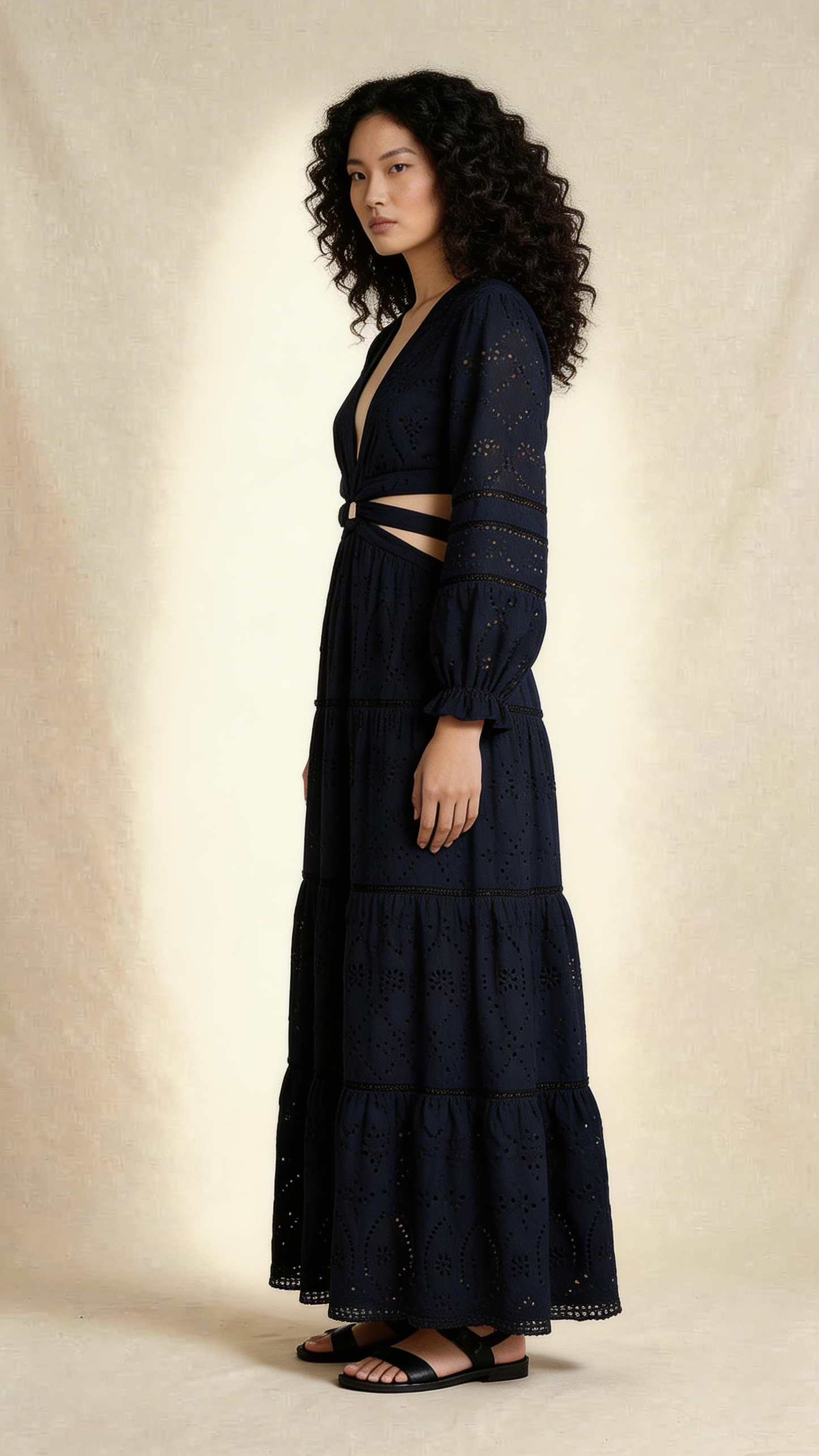 Black Schiffli Cut-Out Maxi Dress