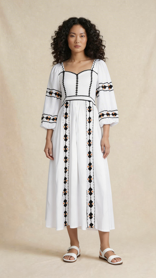 White Geometric Embroidered Midi Dress