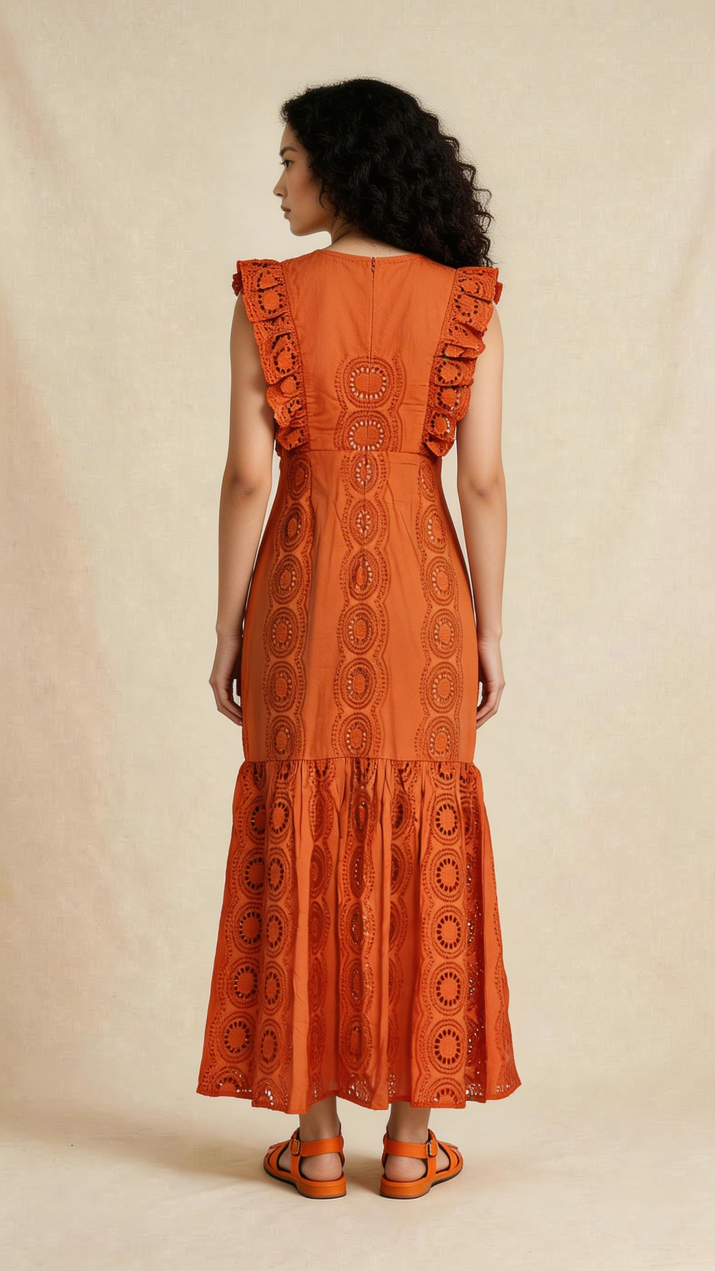 Rust Orange Schiffli Ruffle Midi Dress